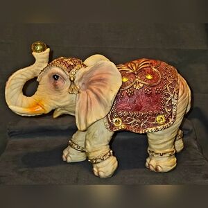 Polyresin Elephant Figurine w Gold Burgundy Accents & Yellow Rhinestones